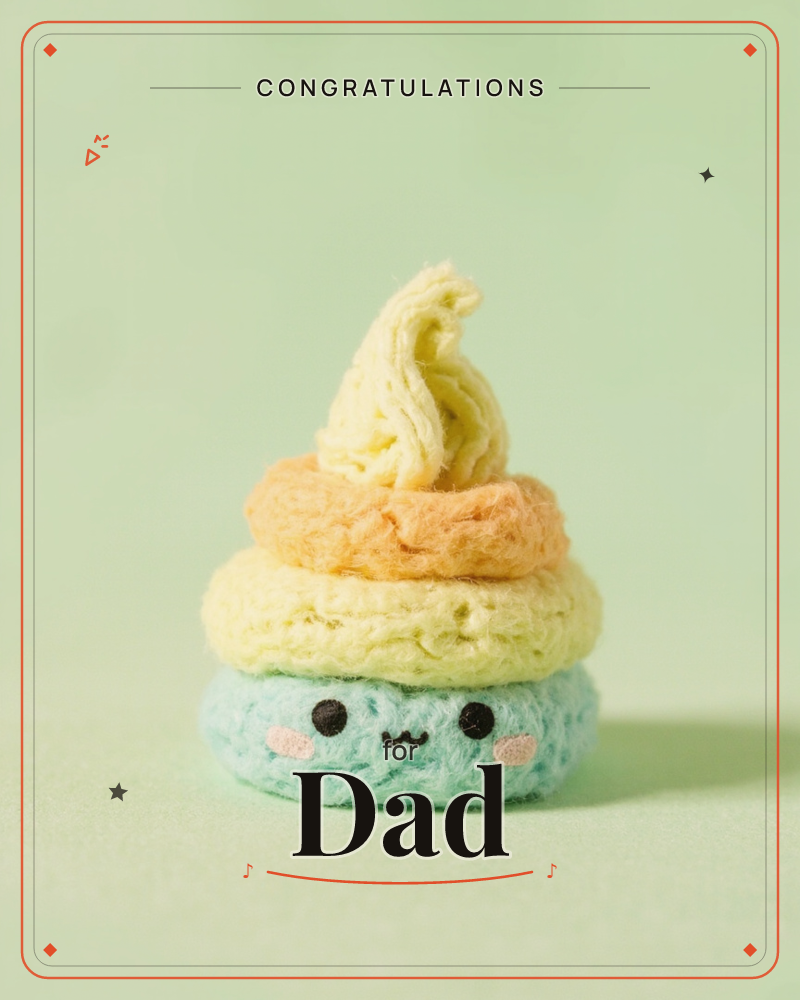 A fuzzy felt figure shaped like a stacked soft-serve dessert sits against a plain mint-green backdrop, a congratulations e-card design