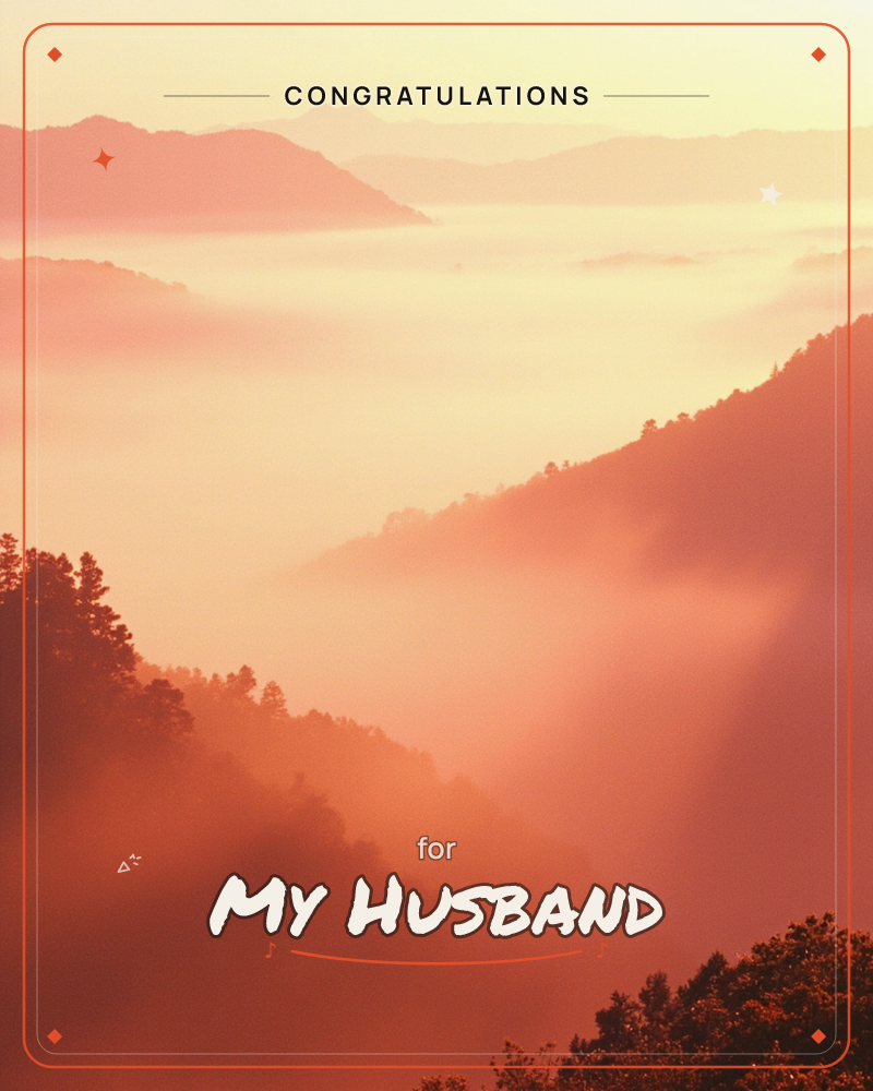 Layered mountain ridges fall away into a valley filled with thick fog, all of it washed in the glow of a rising or setting sun, a congratulations e-card design