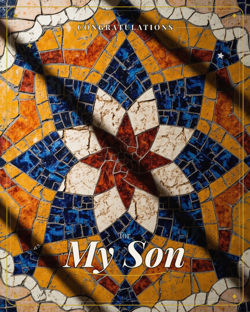 A close-up photo of a mosaic tile floor, no people present, a congratulations e-card design