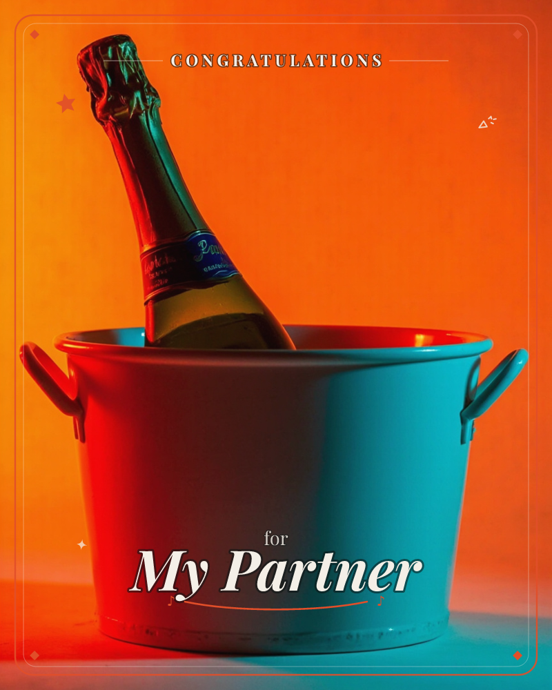 A champagne bottle leans in a metal ice bucket, lit dramatically with one side glowing warm orange and the other bathed in cool teal light against a…, a congratulations e-card design