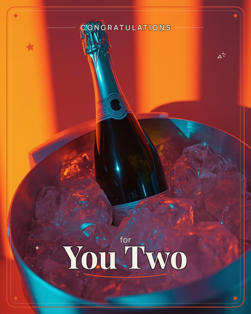 A dark champagne bottle sits chilling in a metal ice bucket, its foil top catching cool blue light against a background striped in warm orange glow, a congratulations e-card design