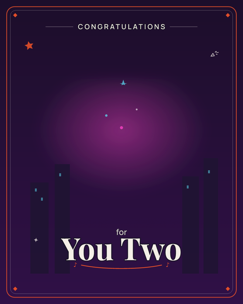 A deep purple night sky glows with a soft magenta haze hovering above a row of dark rooftop silhouettes, a congratulations e-card design by @DittyCityTeam