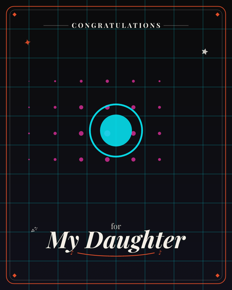 A dark grid glows faintly with thin cyan lines, and at its centre a bright cyan circle sits ringed by a halo, surrounded by a scatter of small magenta…, a congratulations e-card design by @DittyCityTeam