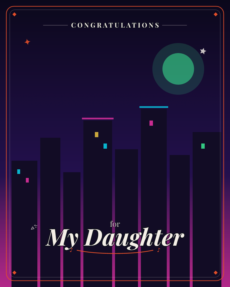 A minimalist night skyline in flat silhouette, dark towers rising against a deep purple-to-black gradient sky, with a glowing teal moon in the corner, a congratulations e-card design by @DittyCityTeam