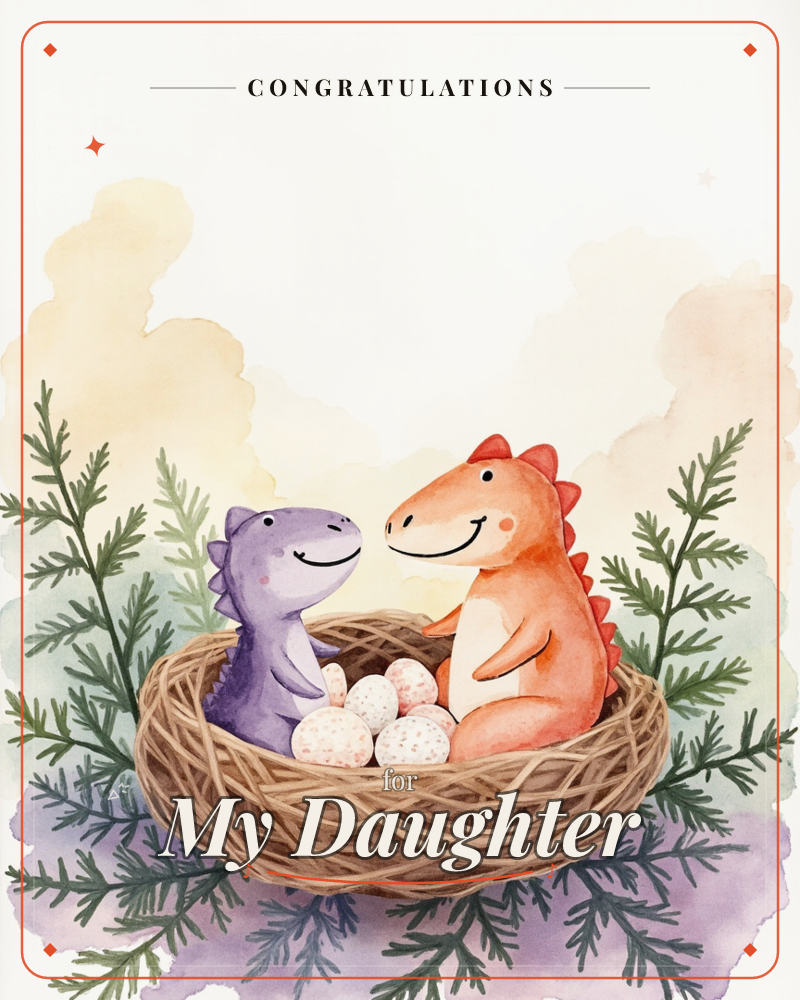 Two smiling cartoon dinosaurs, one purple and one orange with a spiky ridged back, sit together inside a large woven twig nest cradling a clutch of…, a congratulations e-card design