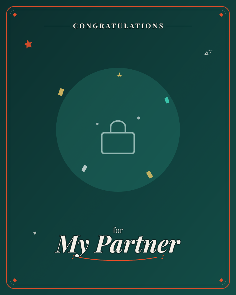 A simple line-art padlock sits inside a soft teal circle against a deep emerald background, with a scatter of tiny gold, mint, and white confetti…, a congratulations e-card design by @DittyCityTeam