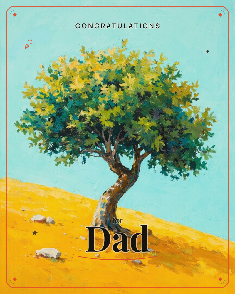 A single gnarled tree stands alone on a golden, sun-baked slope, its twisting trunk leading up to a full crown of green and yellow leaves, a congratulations e-card design