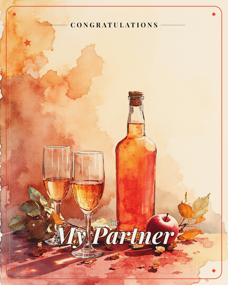 A watercolour still life shows a corked bottle of amber cider or wine beside two filled glasses, an apple, and scattered autumn leaves, a congratulations e-card design