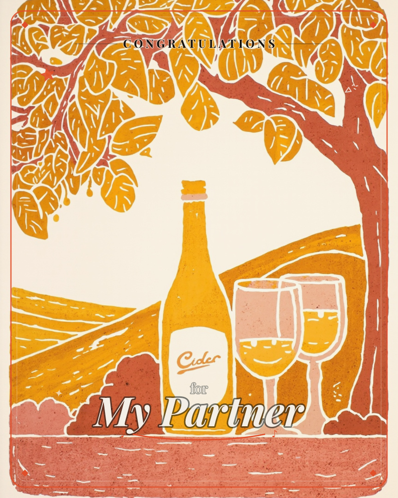 A bottle labelled Cider stands on a ledge beside two filled glasses, framed by a russet tree heavy with golden autumn leaves, a congratulations e-card design