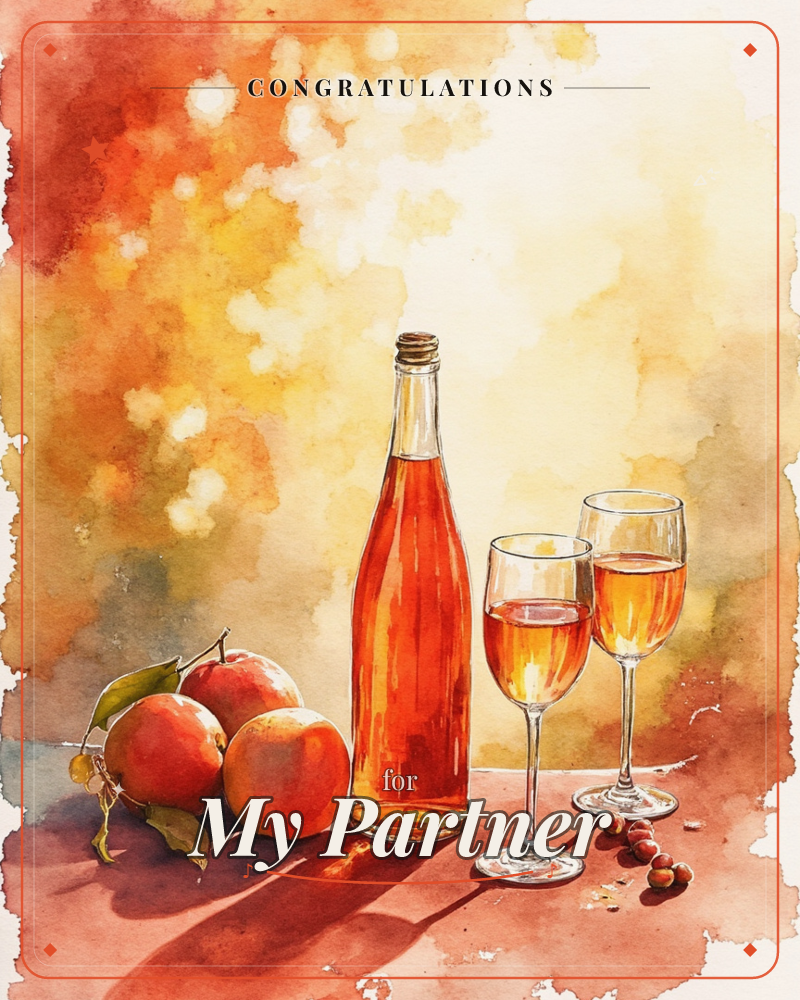 A watercolour still life shows a corked bottle of amber cider flanked by two half-filled wine glasses, with a trio of apples and scattered hazelnuts at…, a congratulations e-card design