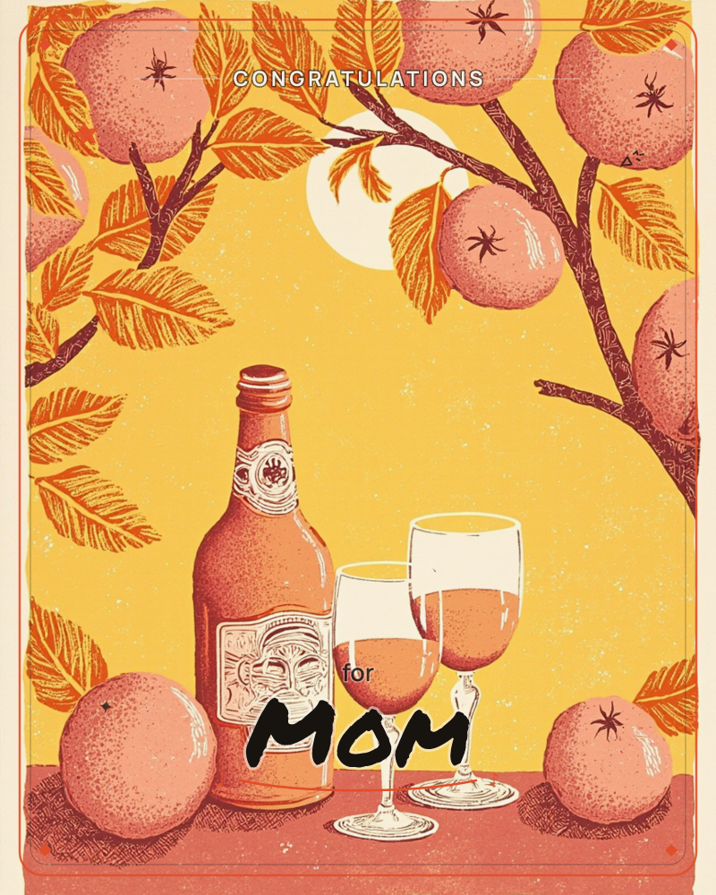 A stylised orchard illustration shows a bottle of cider with two filled glasses set on a dark ledge, framed by branches heavy with round apples and…, a congratulations e-card design