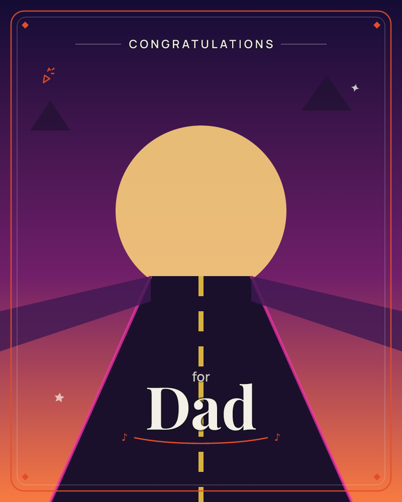 A dark highway stretches toward a huge pale gold sun sitting right on the horizon, flanked by two triangular mountain silhouettes against a deep purple…, a congratulations e-card design by @DittyCityTeam