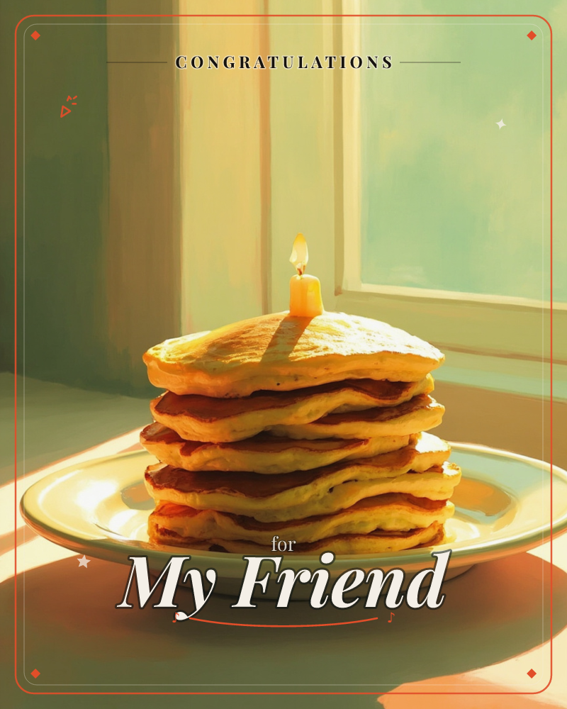 A tall stack of golden pancakes sits on a plain white plate, lit by warm morning sun pouring through a window behind it, a congratulations e-card design