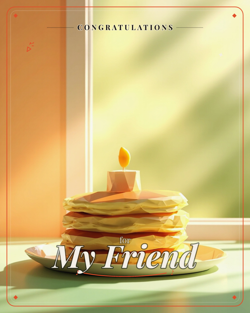 A low-poly stack of golden pancakes sits on a white plate before a sunlit window, a single candle glowing on top like a small birthday flame, a congratulations e-card design