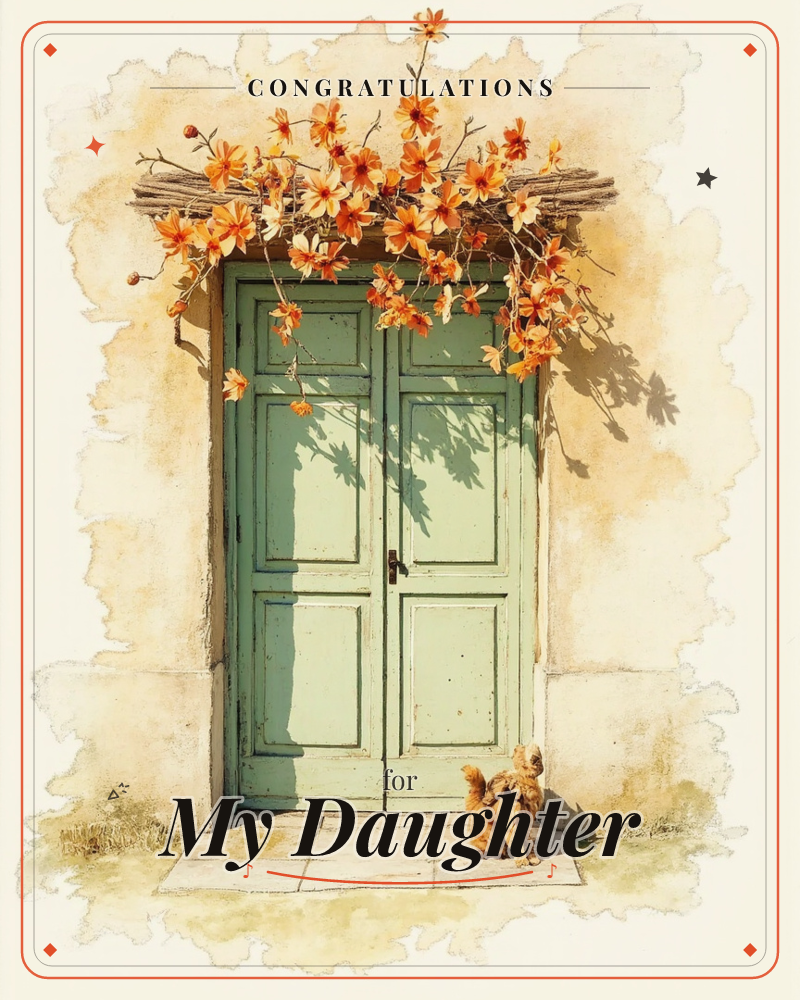 A weathered mint-green double door sits beneath a rustic thatch overhang draped with orange and rust-coloured flowers spilling down the stone wall, a congratulations e-card design