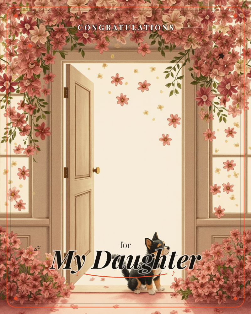 An open door frames a soft cream glow, with pink and rose blossoms cascading over the frame and spilling across the floor like a blooming archway, a congratulations e-card design