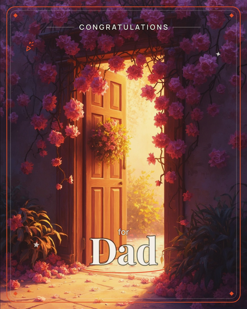A wooden door stands open in a rose-covered wall, its frame dripping with pink and purple blossoms while petals scatter across the stone path below, a congratulations e-card design