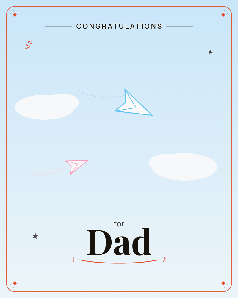 A pale sky fades from soft grey at the edges into open blue, where two paper airplanes glide past fluffy white clouds, a congratulations e-card design by @DittyCityTeam