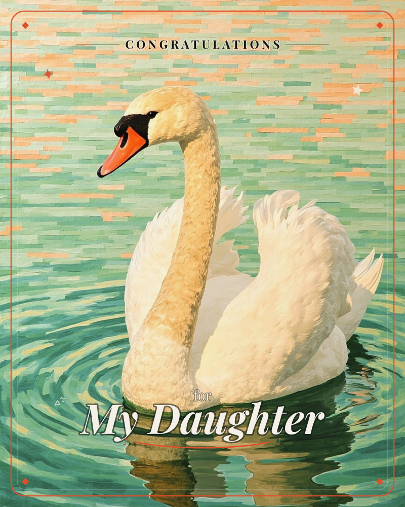 A single white swan glides across rippling water, its neck curved in a graceful S and wings slightly raised behind it, a congratulations e-card design