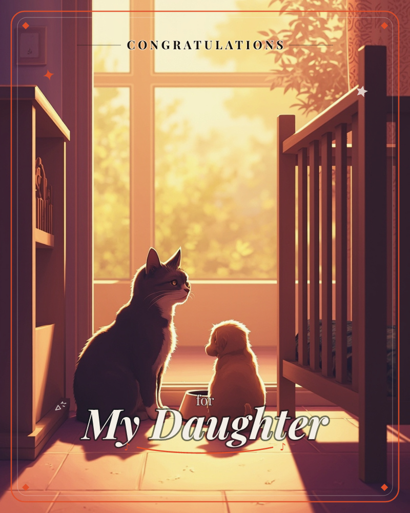 A cat and a small puppy sit side by side on a sunlit floor, facing each other beside an empty food bowl, silhouetted against a big window glowing with…, a congratulations e-card design