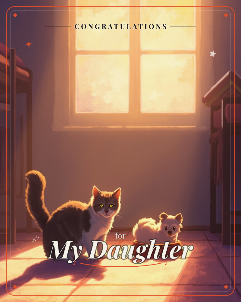 A cat with green eyes sits watchfully on a rug beside a small white toy dog curled up in a food bowl, warm golden light pouring through a four-paned…, a congratulations e-card design