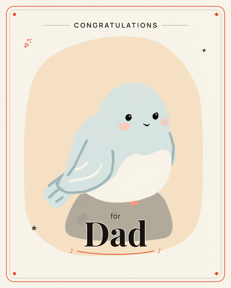 A round, plump little bird with pale blue-grey feathers and a soft white belly perches quietly on a speckled grey stone, set against a warm peach backdrop, a congratulations e-card design
