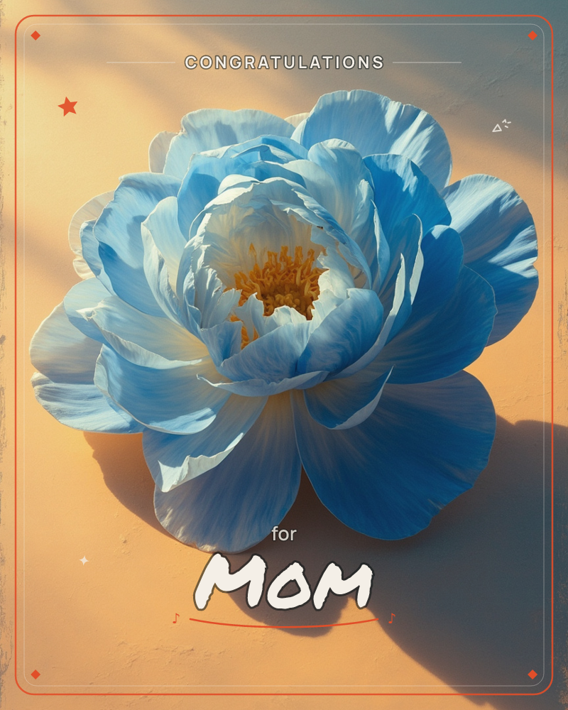A single pale blue peony sits full-bloom against a warm peach-toned wall, its layered petals catching a raking golden light that casts long soft…, a congratulations e-card design