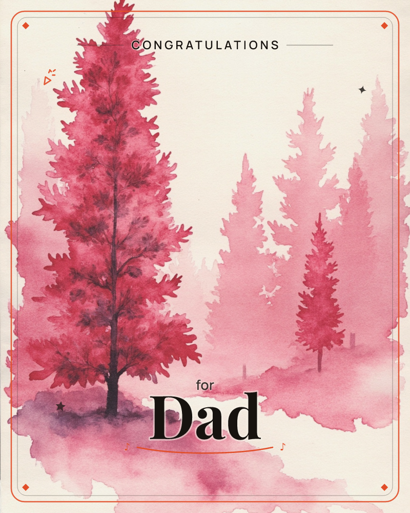 A watercolour forest rendered entirely in shades of rose and crimson, with one bold pine standing sharp in the foreground while rows of paler trees…, a congratulations e-card design