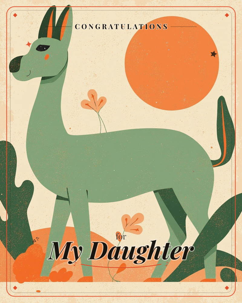 A stylized sage-green deer stands in profile against a cream background, a bold orange sun glowing behind it, a congratulations e-card design