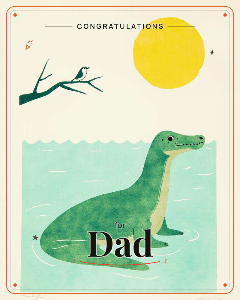 A gentle green creature with a long curving neck wades in pale turquoise water beneath a bold yellow sun, while a small bird perches on a bare branch…, a congratulations e-card design