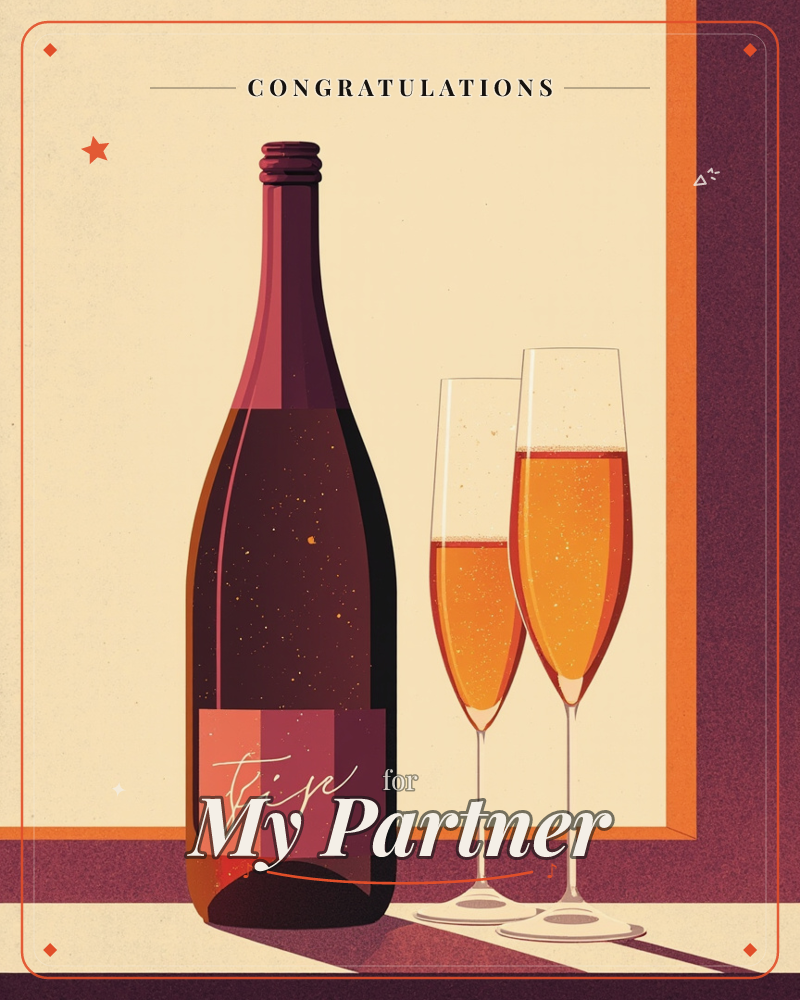 A tall wine bottle stands beside two champagne flutes filled with bubbling golden fizz, set against a warm cream backdrop framed by a bold orange border, a congratulations e-card design