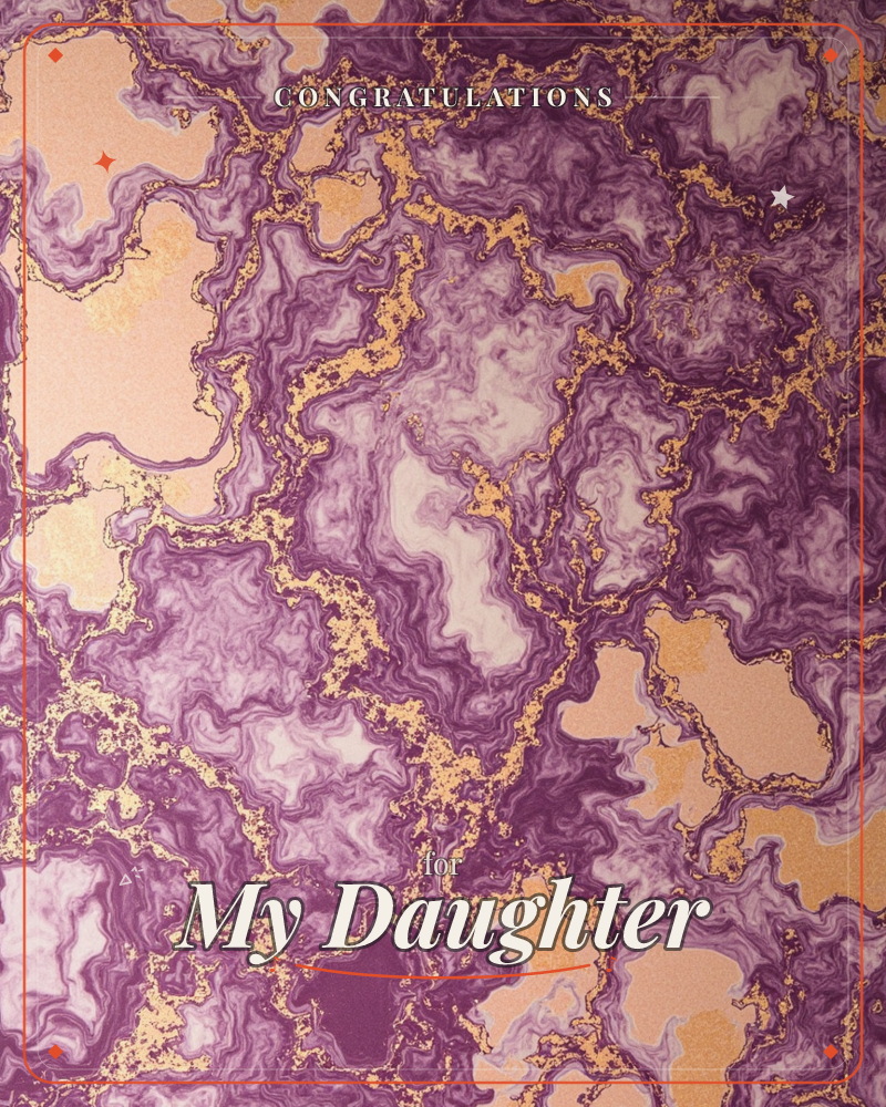 An abstract marbled pattern swirls across the card in deep purples, soft cream, and warm gold, with metallic veins tracing the boundaries between…, a congratulations e-card design