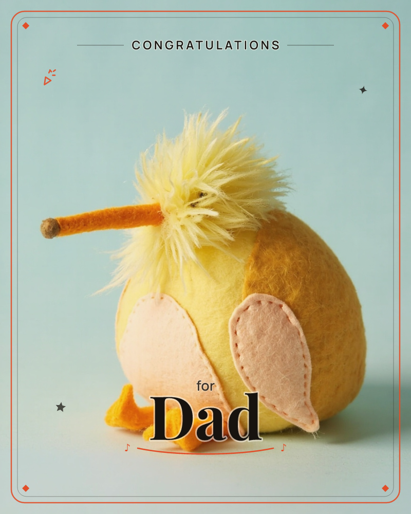 A plump, egg-shaped chick made from felt and yellow fluff sits against a soft blue-green background, a congratulations e-card design