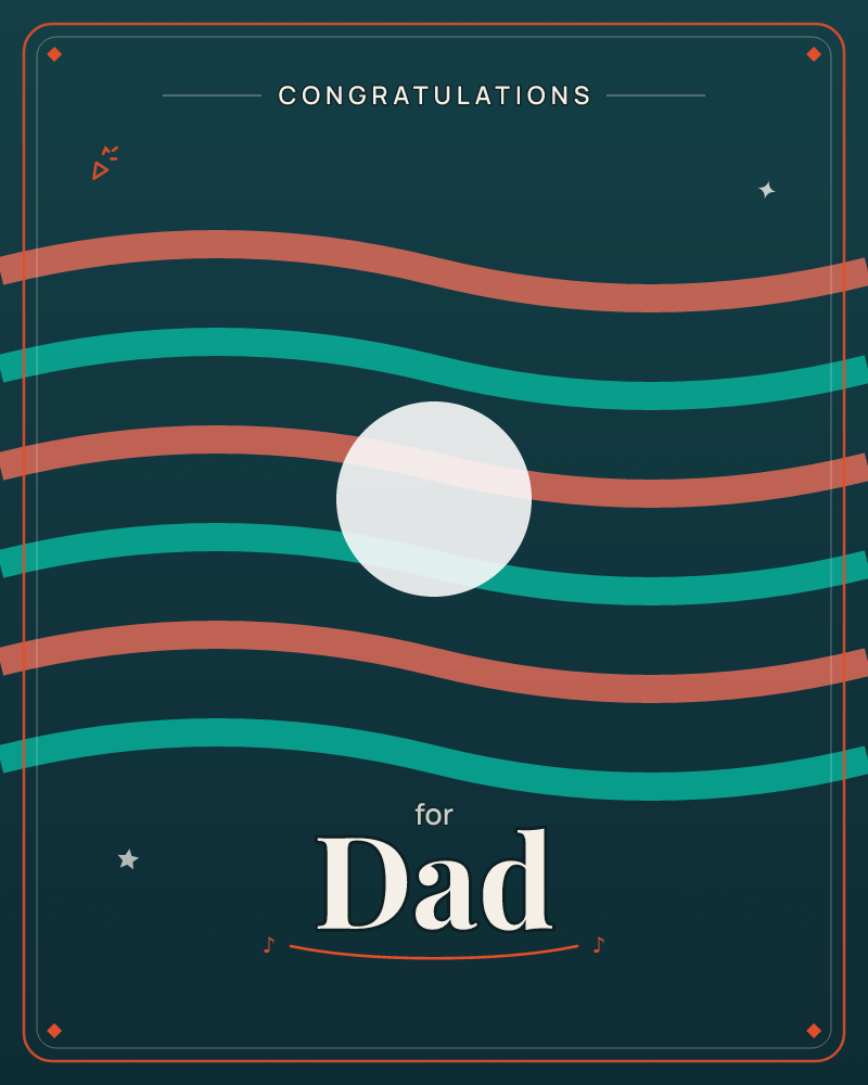 A pale moon-like circle floats over a deep midnight-teal background, crossed by wavy horizontal bands of terracotta and jade green, a congratulations e-card design by @DittyCityTeam