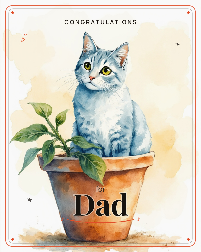 A blue-grey tabby cat sits curled inside a terracotta plant pot, sharing the space with a small green seedling and its leaves, a congratulations e-card design