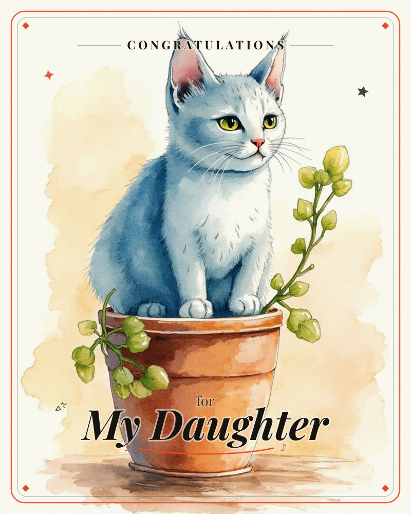 A grey-and-white kitten sits perched inside a terracotta plant pot, gazing off to the side with wide yellow-green eyes, a congratulations e-card design