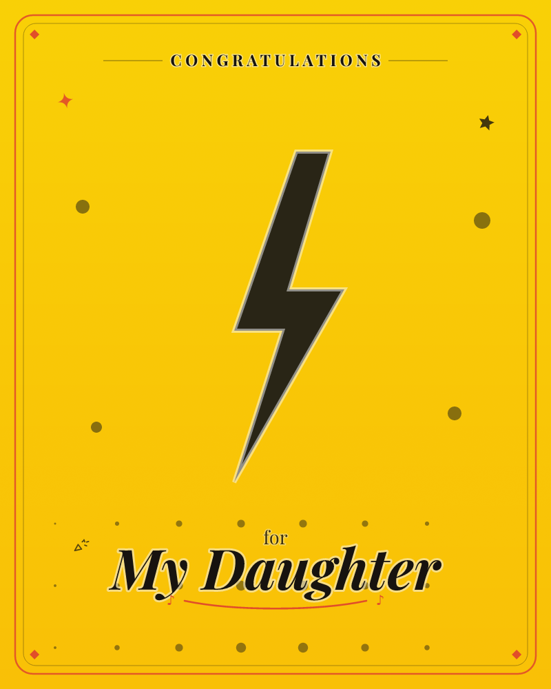 A bold black lightning bolt with a thin white outline strikes down the centre of a glowing yellow background, edges darkening to near-black at top and…, a congratulations e-card design by @DittyCityTeam