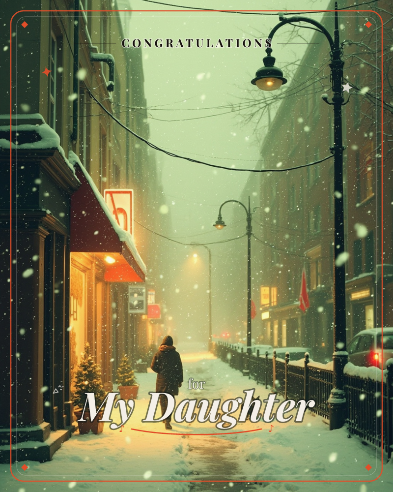 A quiet city sidewalk glows under falling snow as a bundled figure walks a small dog past shopfronts strung with warm light, a congratulations e-card design