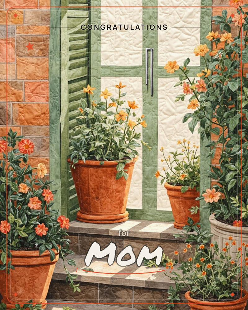 A green shuttered door with a textured cream panel opens onto stone steps crowded with terracotta pots of orange and yellow blooms, a congratulations e-card design
