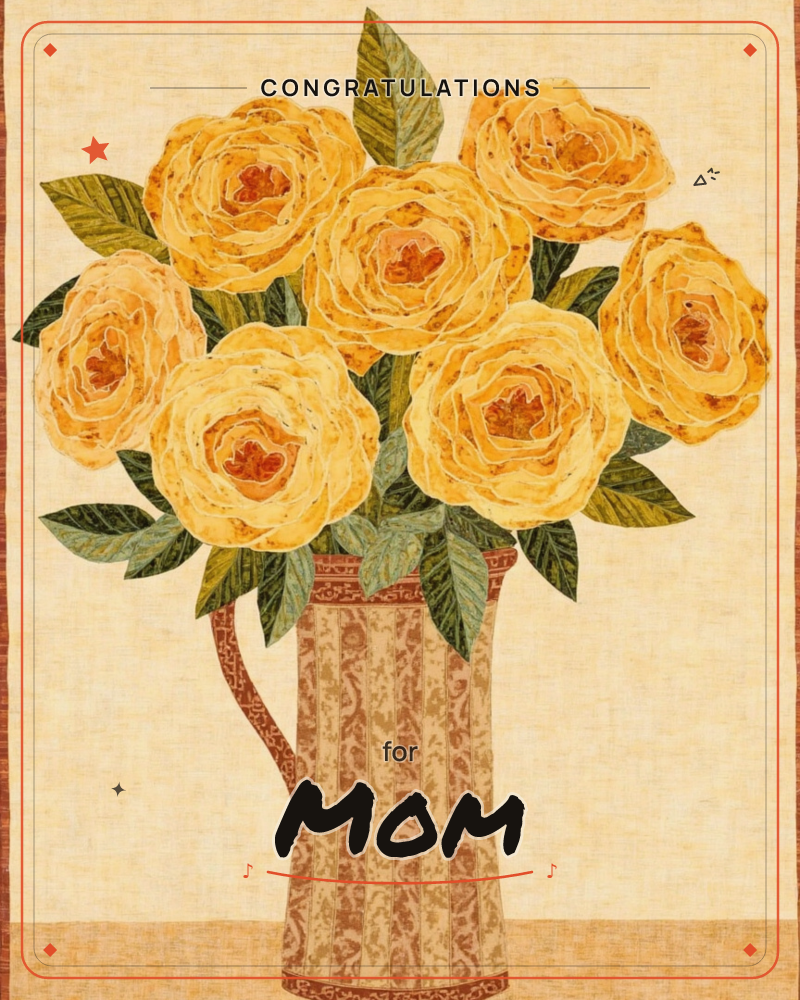 A tall patterned pitcher holds a full bouquet of golden-yellow roses with deep green leaves, set against a warm cream textured background, a congratulations e-card design