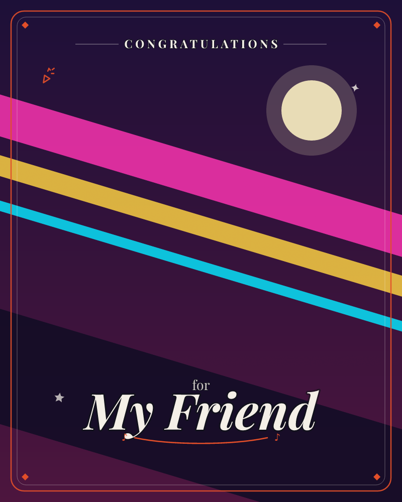 A deep purple night sky holds a soft cream moon in the upper right, while three bold diagonal stripes in magenta, gold, and cyan sweep across the…, a congratulations e-card design by @DittyCityTeam