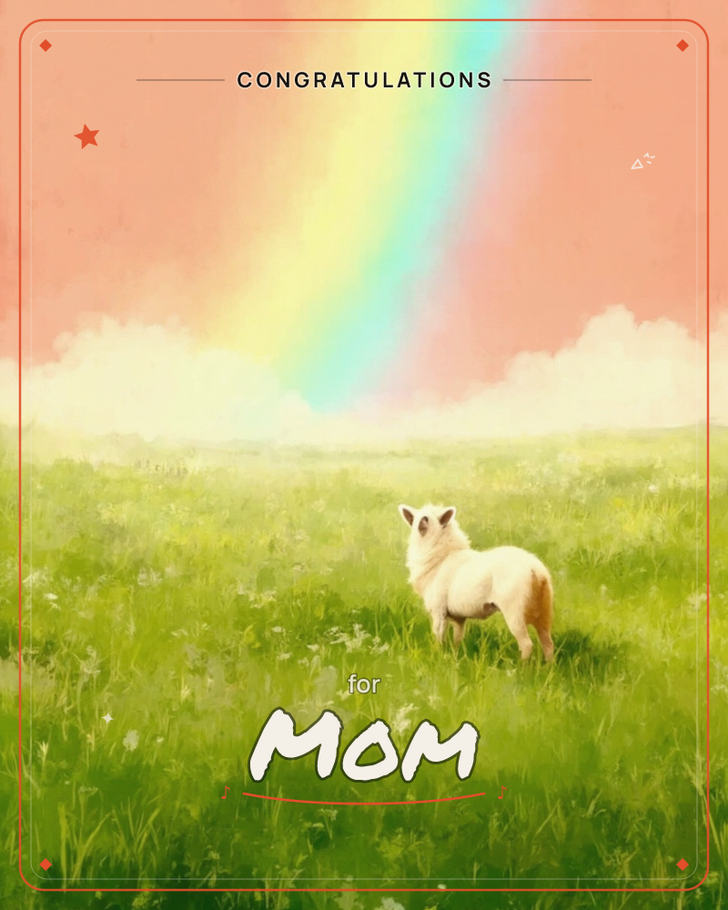 A small woolly lamb stands alone in a wildflower-flecked meadow, gazing up at a bright rainbow arcing down through a soft peach-and-coral sky, a congratulations e-card design