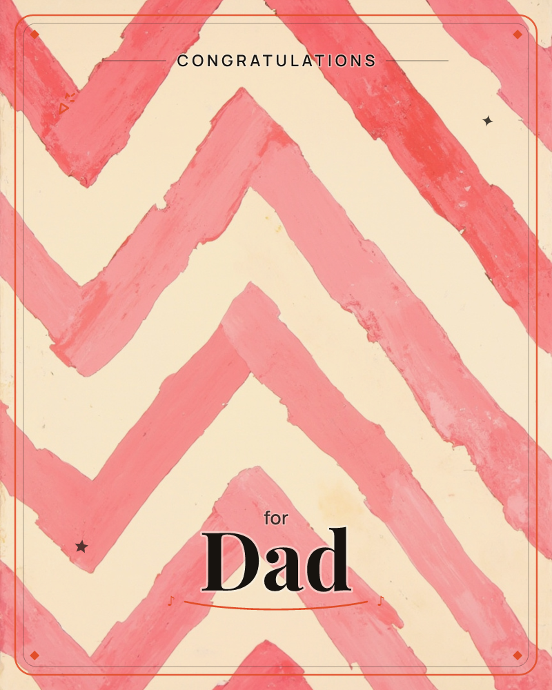 A bold zigzag pattern in shades of coral and blush pink sweeps across a warm cream background, the painted chevrons stacking upward in uneven…, a congratulations e-card design