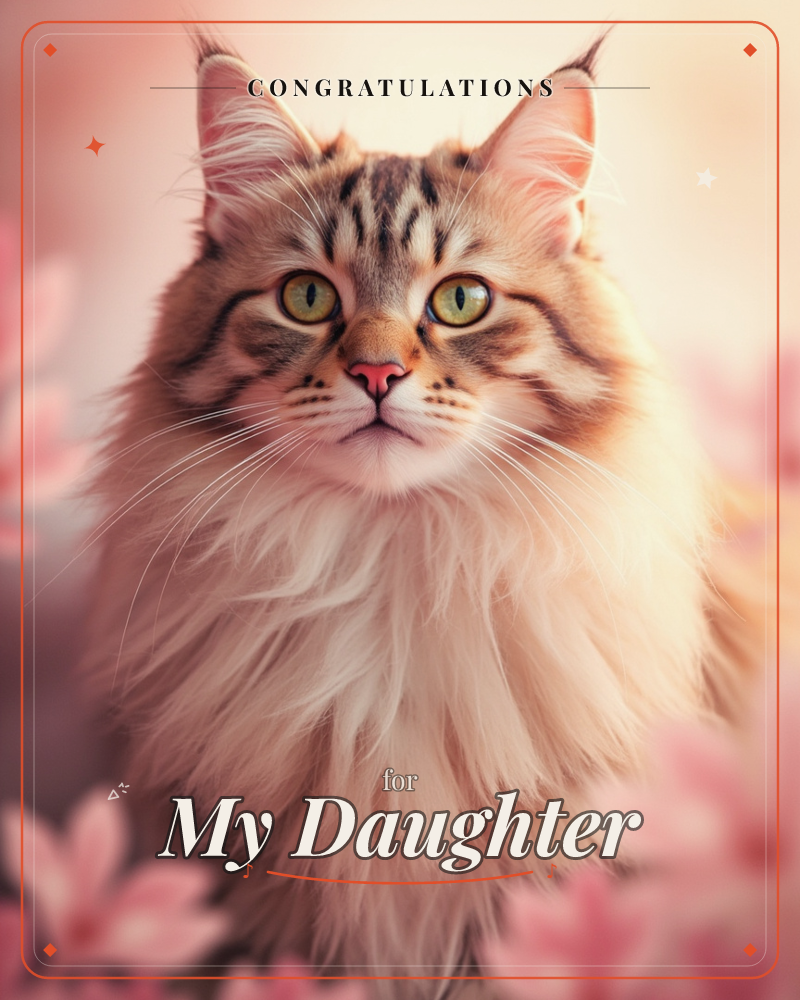 A close-up portrait of a long-haired tabby cat with a full ruffled mane, tufted ears and striking green eyes, gazing straight ahead, a congratulations e-card design