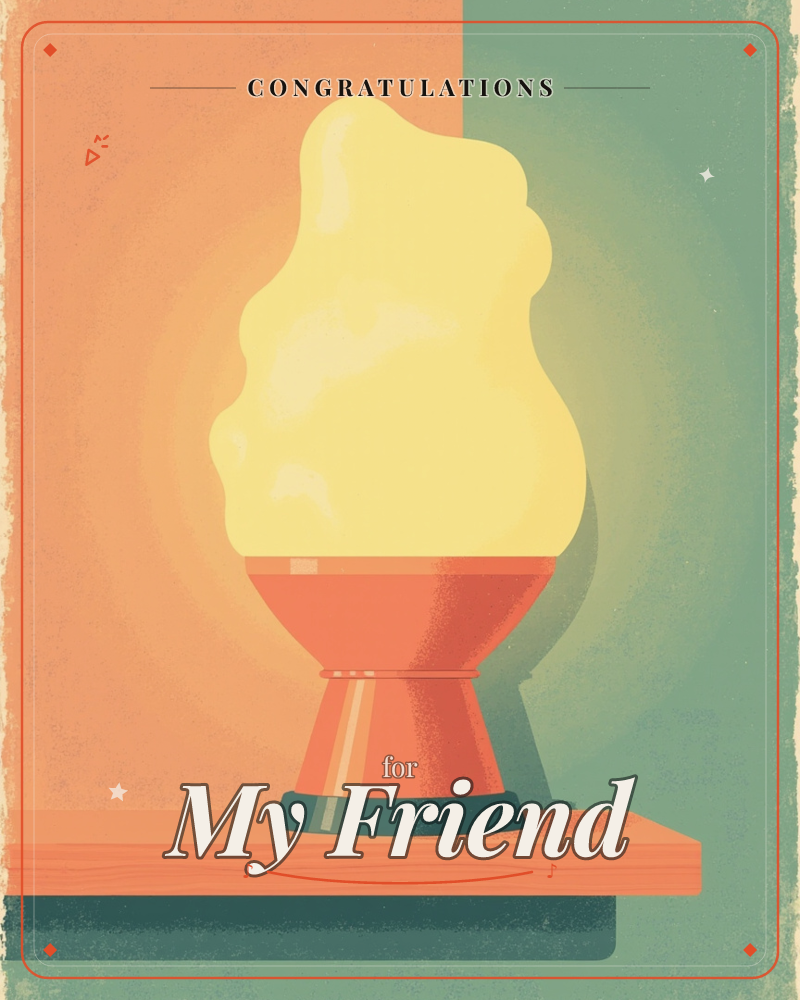 A retro-style lamp with a glowing, cloud-shaped shade sits on a wooden shelf, its warm yellow light spilling across a wall split between peach and…, a congratulations e-card design