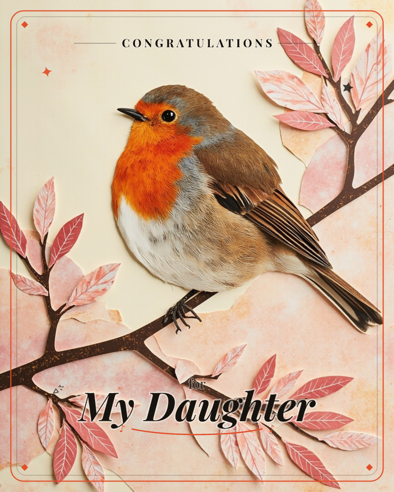 A robin with a bright orange-red breast perches on a dark branch, surrounded by layered paper-cut leaves in shades of blush pink, a congratulations e-card design