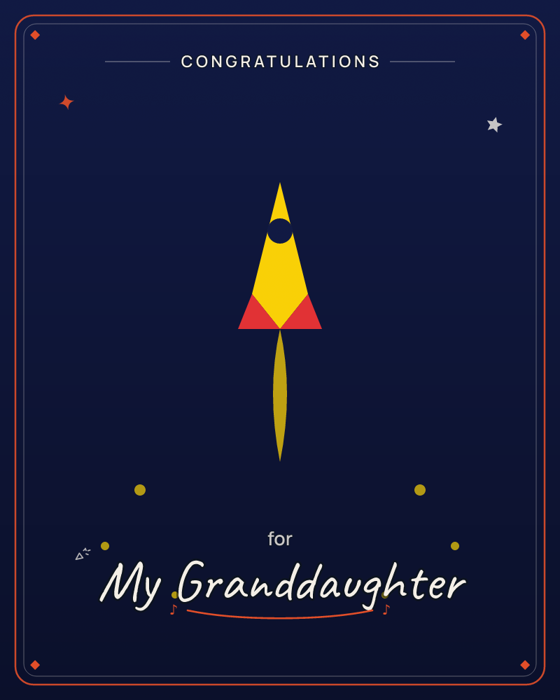 A simple yellow rocket with a red-tipped fin and a dark porthole climbs through a deep navy night sky, trailing a slim golden flame beneath it, a congratulations e-card design by @DittyCityTeam
