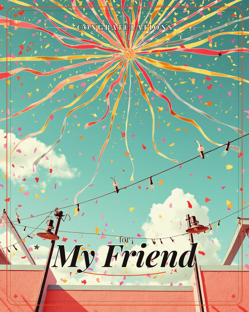 A burst of ribbon streamers explodes across a teal sky like a firework frozen mid-flight, trailing confetti past fluffy clouds and rooftop string lights, a congratulations e-card design