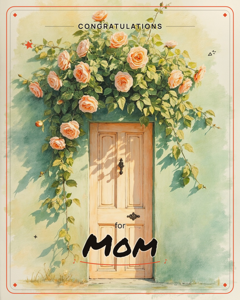 A soft peach-colored wooden door sits framed by a lush climbing rose vine, its blooms spilling in warm apricot clusters across the top and down both sides, a congratulations e-card design