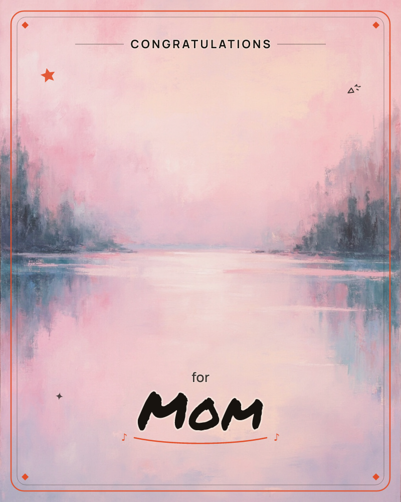 A hushed lakeside dawn painted in soft washes of pink and blue-grey, with tree-lined shores dissolving into mist on either side, a congratulations e-card design